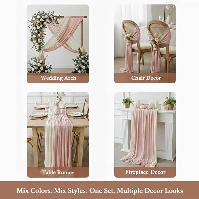 Cheesecloth Table Runner 2 Pack White and Dusty Pink, Boho Gauze Table Runner - Image 5
