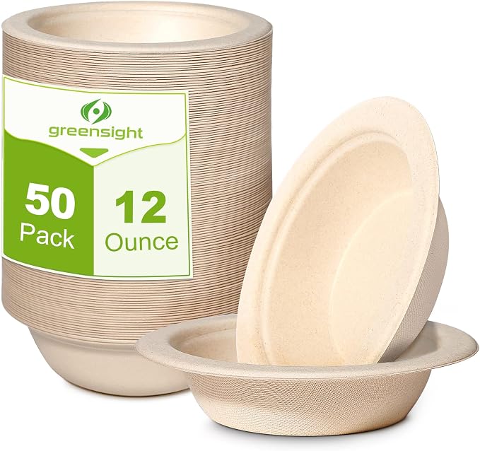 greensight 12oz Small Paper Bowls Disposable, 50 Pack Compostable Bagasse | by greensight