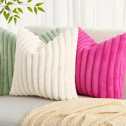 decorUhome Cozy Faux Fur Throw Pillow Covers 24x24 Set of 2 Decorative Soft Plush Striped Modern Farmhouse Boho Couch Euro Sham Pillow Cases with Velvet Back for Sofa Bed Living Room, Sage Green