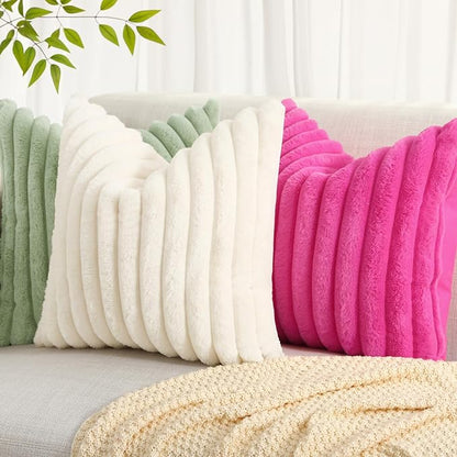 decorUhome Cozy Faux Fur Spring Throw Pillow Covers 20x20 Set of 2 Decorative Soft Plush Striped Modern Farmhouse Boho Couch Pillow Cases with Velvet Back for Sofa Bed Living Room, Sage Green