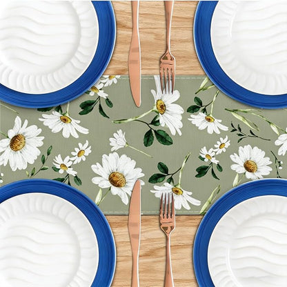 Olive Green Daisy Flowers Spring Table Runner, Table Runners 72 Inches Long | - Image 4