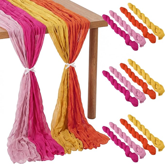 12 Pcs Pink and Orange Cheesecloth Gauze Table Runners | Sunset Soiree Party by Remagr