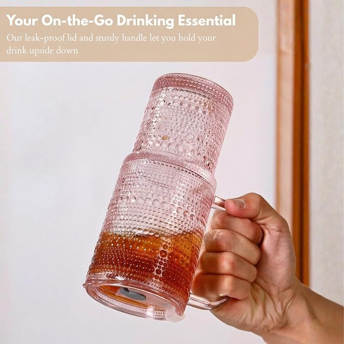 20 oz Pink Glass Tumbler with Lid and Straw, Glass Iced Coffee Cups, - Image 4