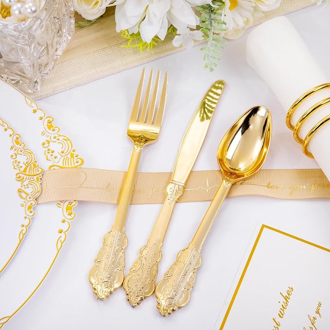 175 Pcs White Gold Plates for Wedding | White Party Plates Set for 25 Guests - Image 7