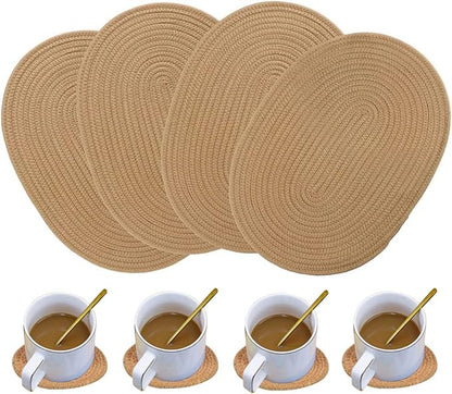 4 Pack Oval Woven Placemats and Set of 4 Round Fabric Coasters, Cotton Braided Tablemat Set, Heat-Resistant Pot Holders, 11.5 * 15.8'' Washable Plate Chargers for Christmas Table Decoration