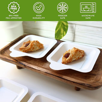 300 Pack 4.4" Mini Biodegradable Square Disposable Plates | Corn Starch Eco-Friendly Small Serving Tray | Tiny Party Plates for Appetizers and Desserts | White Trays | CMJJ