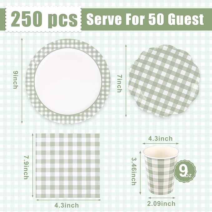 Funnymoom 250 Pcs Sage Green Gingham Paper Plates and Napkins Party Supplies - Image 3