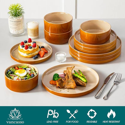 vancasso ONION Ceramic Plates and Bowls Sets, 12 Pieces Brown Dinnerware Sets - Image 3