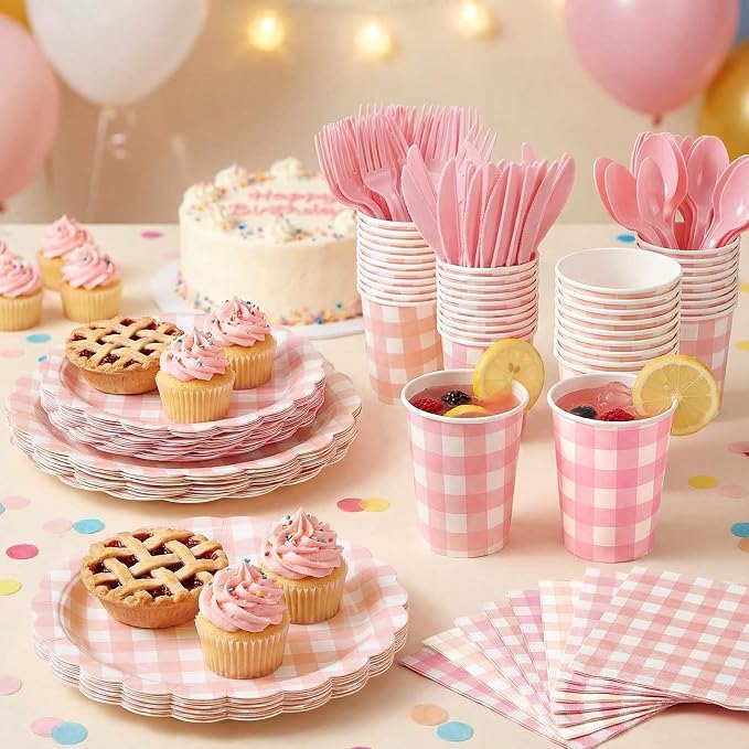 Yaomiao 168 Pcs Pink Gingham Plates and Napkins Pink Princess Party Decor - Image 5