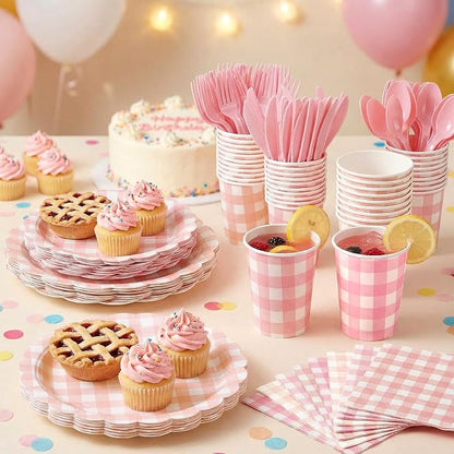 Yaomiao 168 Pcs Pink Gingham Plates and Napkins Pink Princess Party Decor - Image 5