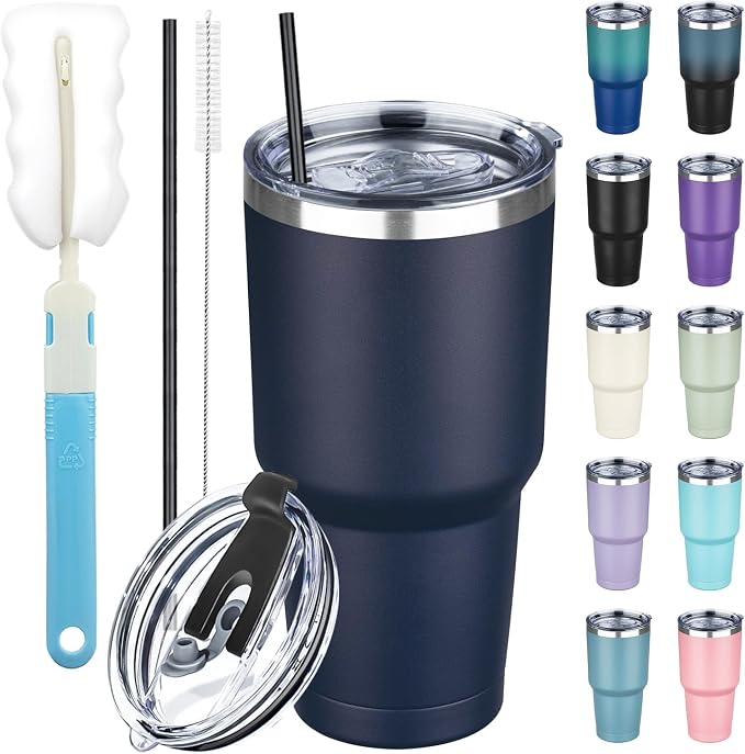 30 oz Tumbler with Lids and Straws, Stainless Steel Insulated Coffee Tumbler by GUDEMAO