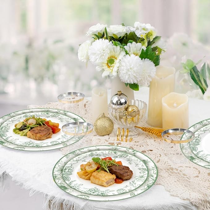 Sage Green Floral Plates and Napkins Party Supplies, Serve 60 Guests | 180pcs - Image 6