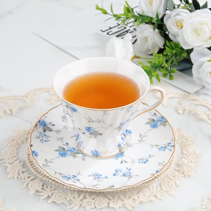 fanquare White Tea Cup and Saucer, Vintage Blue Floral Print Tea Cups - Image 2