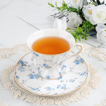 fanquare White Tea Cup and Saucer, Vintage Blue Floral Print Tea Cups - Image 2
