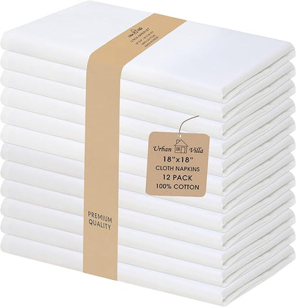 Urban Villa Cloth Napkins White Dinner Napkins Set of 12 (18X18 Inches) 100% Cotton Absorbent Washable Durable Reusable Ideal for Hotel Collection Farmhouse Party Thanksgiving Fall Dinner Napkins