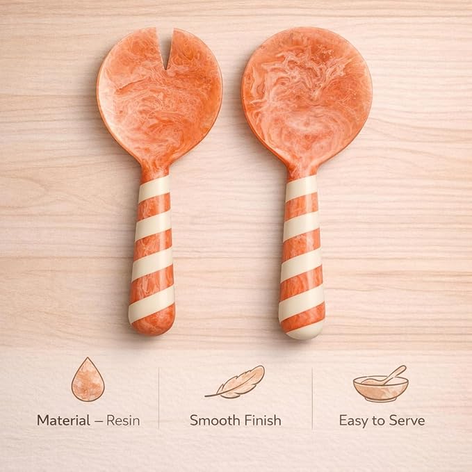 SS CRAFTS INDIA Premium 9" Peach Striped Handle Resin Salad Servers | Set of 2 - Image 3