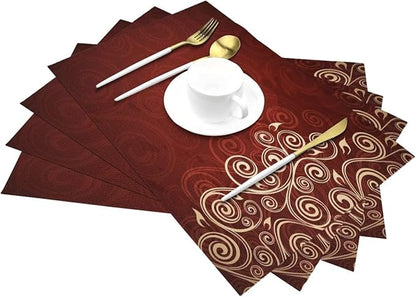 Burgundy Placemats Set of 6 Red Floral Swirls Ivy Image Ombre Details Wipeable Table Mats Flower Art Reusable Washable PVC Rectangle Place Mats for Kitchen Dining Home Decor 12x18 Inches