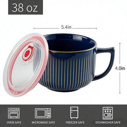 Soup Bowl with Handle & Lid, Jumbo 38oz Microwave Ramen Bowl Vintage Blue | - Image 2