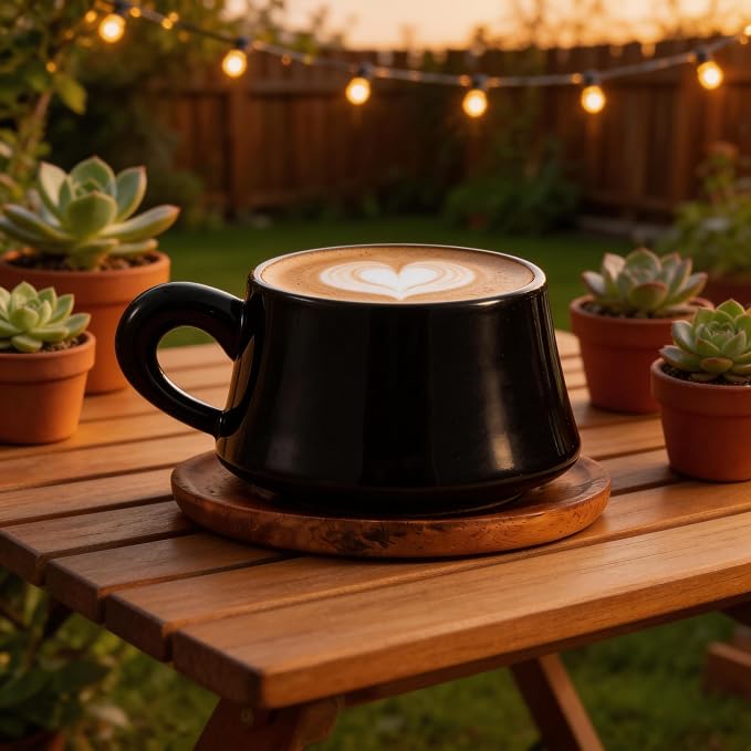 Black Cappuccino Mug and Wood Saucer - 7 oz Ceramic Coffee Cup - Image 8