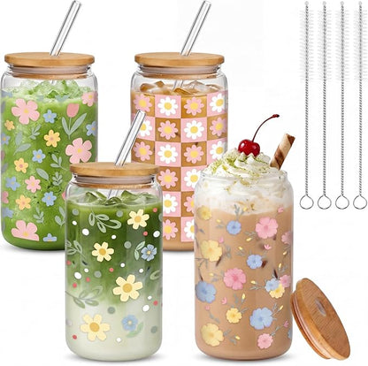 Mumufy 4 Pack Wildflower Glass Cups Gift Aesthetic Cute Glass Cup Tumbler by Mumufy