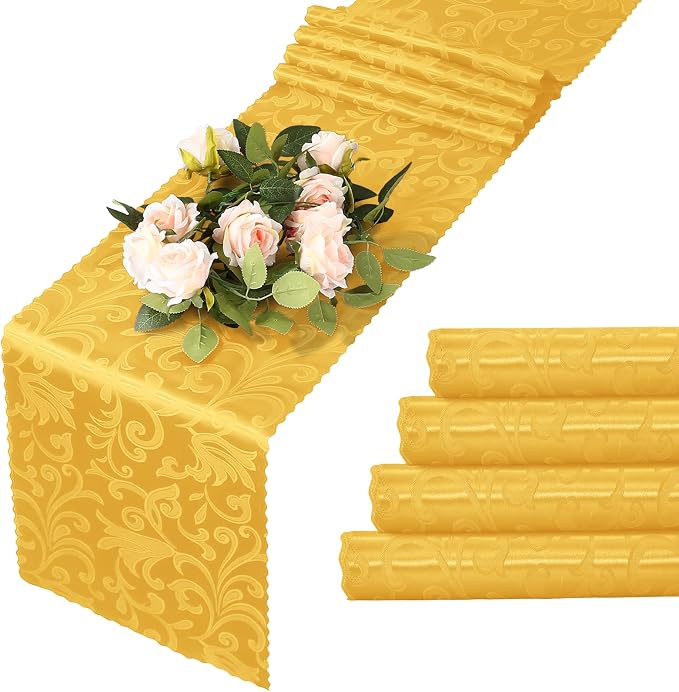MILVOWOC Gold Satin Table Runner, 4 Pack, 12 x 72 Inch | Jacquard Damask by MILVOWOC