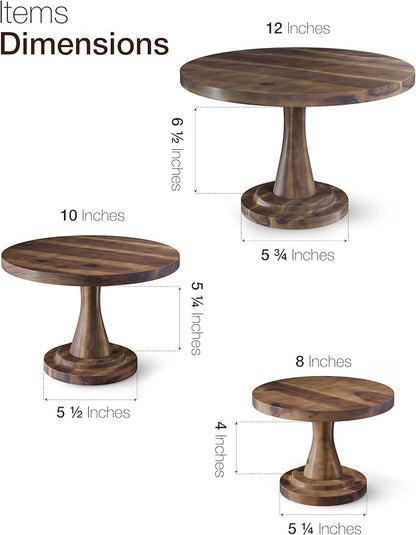 Set of 3 Acacia Wooden Cake Stand - 3PCS Wedding Cake Stand (8"/10"/12" Plate), Outdoor Wood Pedestal Stand for Parties, Restaurants, Birthday - Decorating Cake, Dessert Display (Walnut color)