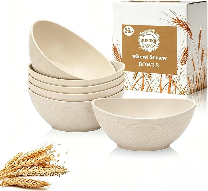 Salad Bowls 26oz, Oval Wheat Straw Bowls Sets of 6, Unbreakable Breakfast Bowls by BUSOKIP