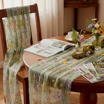 Sage Green Floral Table Runner 10ft Embroidery Tulle Spring Wildflower Table - Image 5