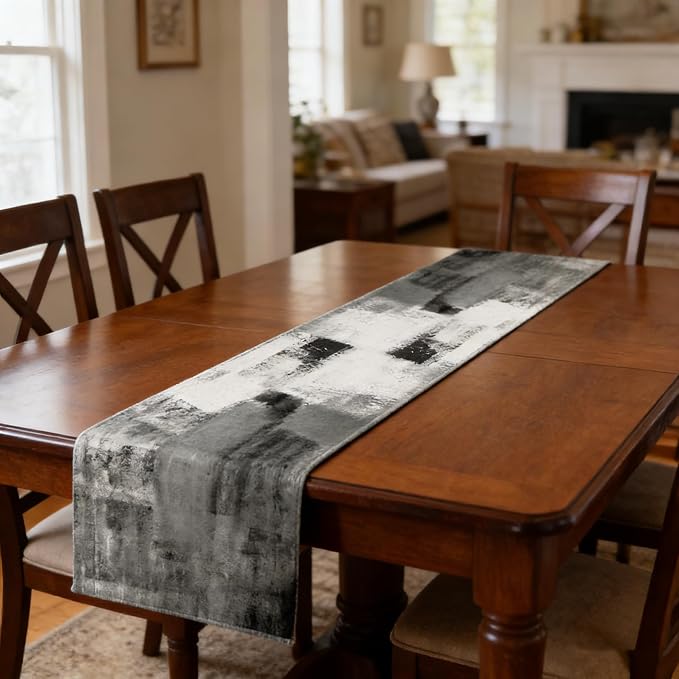 OYIMUA Grey and White Abstract Modern Table Runner, Art Rustic Kitchen Dining - Image 2