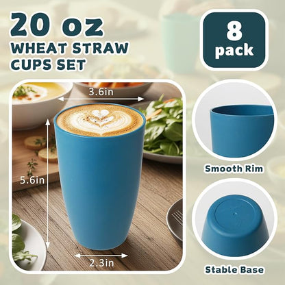 Wrova Wheat Straw Cups Reusable Kitchen Cups Set of 8, Unbreakable 20oz - Image 3