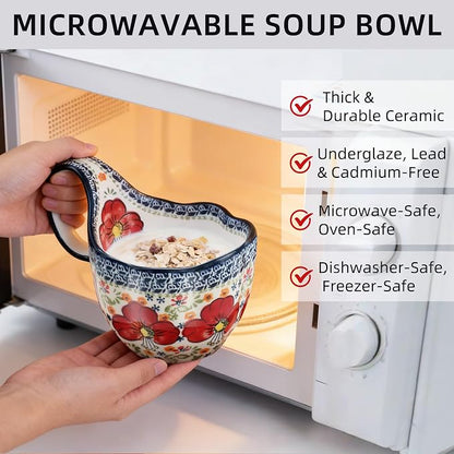 ALMA Soup Bowl With Handle, 16oz Handpainted Floral Soup Mug Microwave Safe | - Image 7
