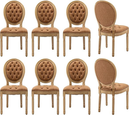 Vintage French Dining Chairs Set of 8, Round Back PU Leather Upholstered Accent Chairs with Nailhead Trim and Solid Wood Frame, Farmhouse Sillas de Comedor for Dining Room & Kitchen, Whiskey Brown