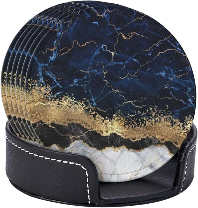 6 Pcs Gold Navy Blue Marble Leather Coasters - Image 6