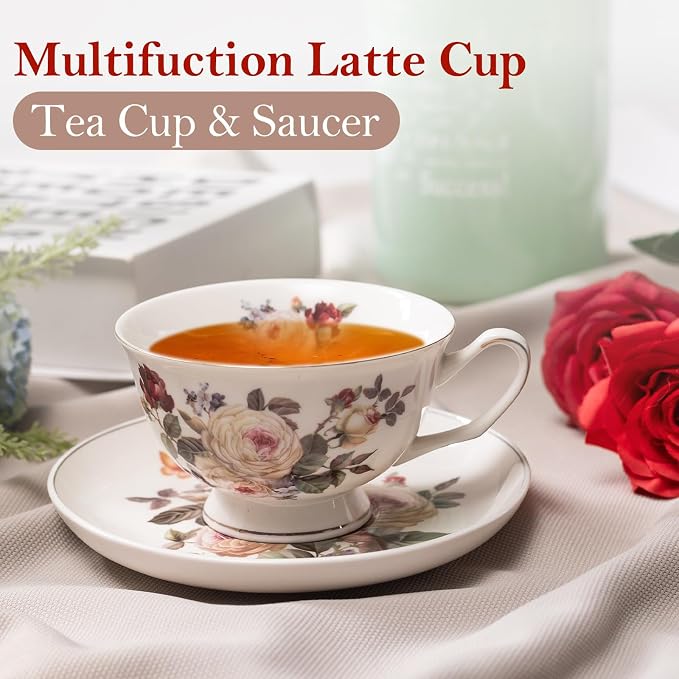 Tea Cups and Saucers, 10 OZ Bone Vintage Porcelain Coffee Cup - Image 4