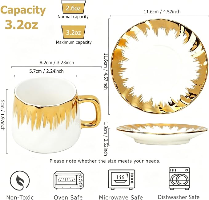 Coffee Cup Set of 6 with Saucers, 3.5 OZ Ceramic Espresso Cups Set, Cafe Mocha - Image 2