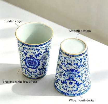 Blue and White Floral Porcelain Tea Cups Set of 2 | No Handle, Bone China - Image 3