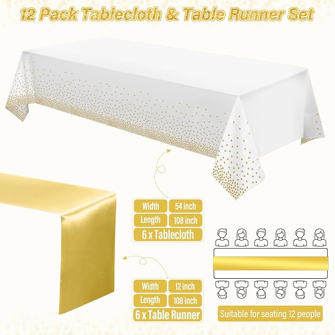 12 Pack White and Gold Tablecloth and Table Runner Set Party Decorations - Image 2