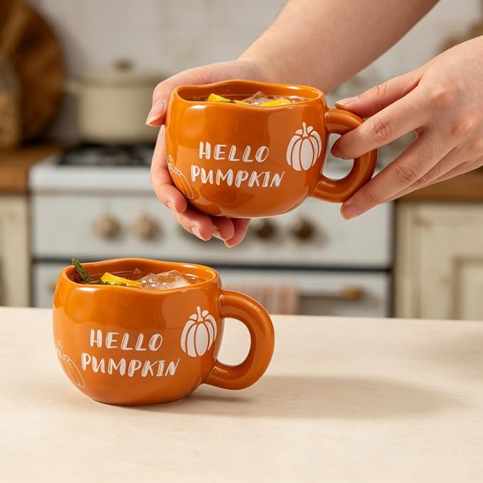 4pcs Ceramic Mugs Set, 9.4OZ Cute Coffee Cup Set, Hello Pumpkin Design - Image 9