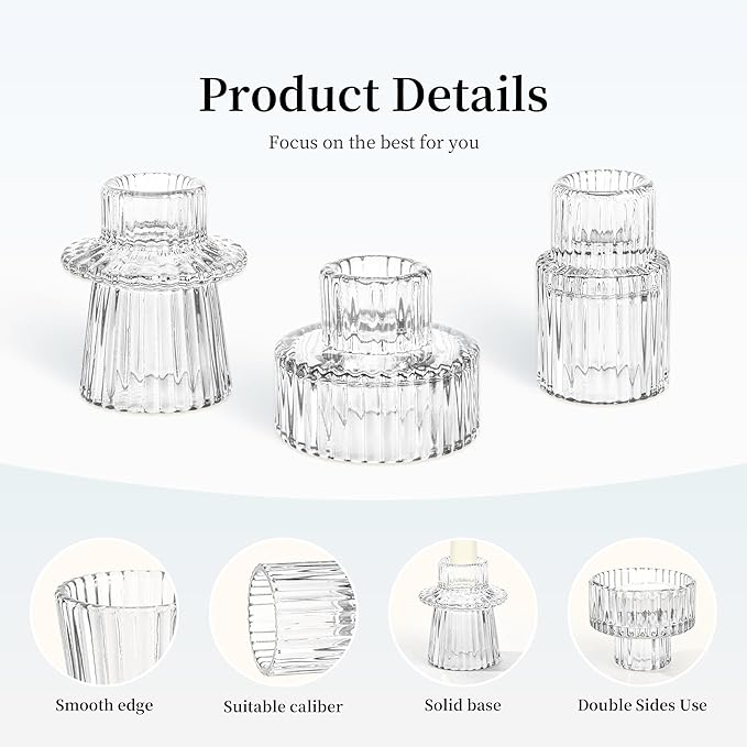 Taper Votive Candle Holder for Pillar Candles Tealight, Candlestick Holder for Wedding Christmas Tea Party, Boho Ribbed Vintage Crystal Glass Table Centerpiece Decor, Bulk Set of 6 (Clear)