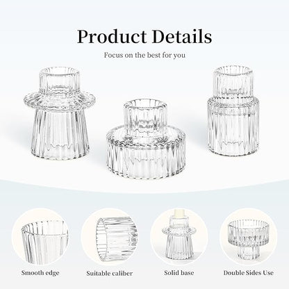 Taper Votive Candle Holder for Pillar Candles Tealight, Candlestick Holder for Wedding Christmas Tea Party, Boho Ribbed Vintage Crystal Glass Table Centerpiece Decor, Bulk Set of 6 (Clear)
