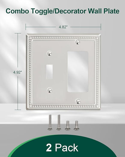 2-Pack Combo Toggle/Decorator Light Switch Cover Plate, Pearls Decorative Metal Wall Switch Plates and Outlet Covers, Brushed Nickel