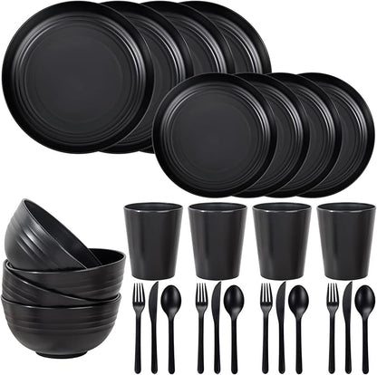 LIYH 28 Pcs Black Wheat Straw Dinnerware Sets - Plates and Bowls Sets, Unbreakable Dinnerware Set Reusable Plates, Bowls, Cups & Cutlery - Lightweight, Dish Set for Kitchen & Camping