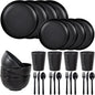 LIYH 28 Pcs Black Wheat Straw Dinnerware Sets - Plates and Bowls Sets, Unbreakable Dinnerware Set Reusable Plates, Bowls, Cups & Cutlery - Lightweight, Dish Set for Kitchen & Camping