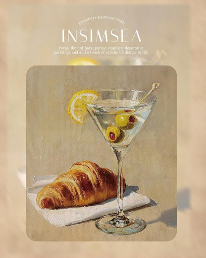InSimSea Gold Framed Wall Art, Kitchen Dining Room Vintage Cocktail Martini Croissant Wall Shelf Decor, Still Life Canvas Print Art, Home Bar Decor, Antique Paintings with Picture Frame 13x16inch