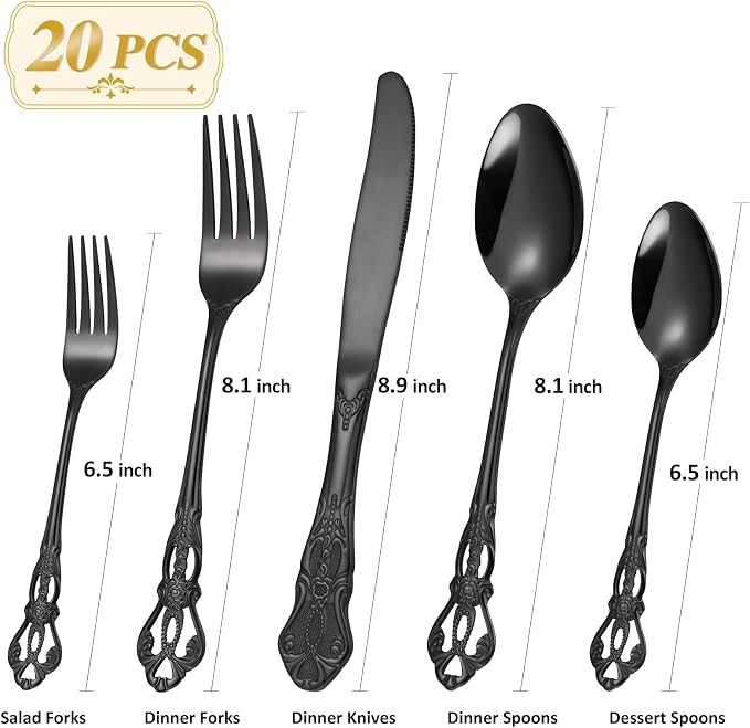 20 Pieces Black Gorgeous Retro Royal Silverware Set - Image 2