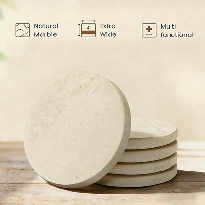Natural Marble Coasters, Round Costers, Luxury Aesthetic Modern Decor for Coffee Table Bar Kitchen Home, Travertine Marble, Real Natural Semi Absorbent Stone Coasters