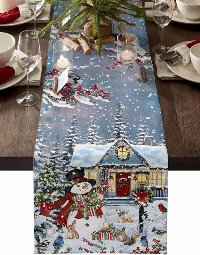 Merry Christmas Table Runner 72 Inches Long, Xmas Trees Snowman Snowflake Table by Unknown