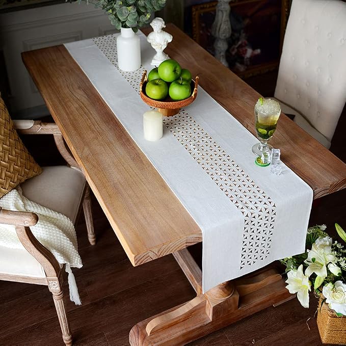 ARTABLE Off White Farmhouse Fabric Table Runner Finished Edge 16 x 120 Inch | - Image 3
