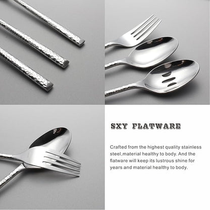 45-Piece Forged Hammered Stainless Steel Flatware Cutlery Set for 8, SXY INOX Includes 8 sets and 1 Butter Knife,1 Serving Tablespoon,1 Cold Meat Fork,1 Pierced Tablespoon,1 Suger Spoon