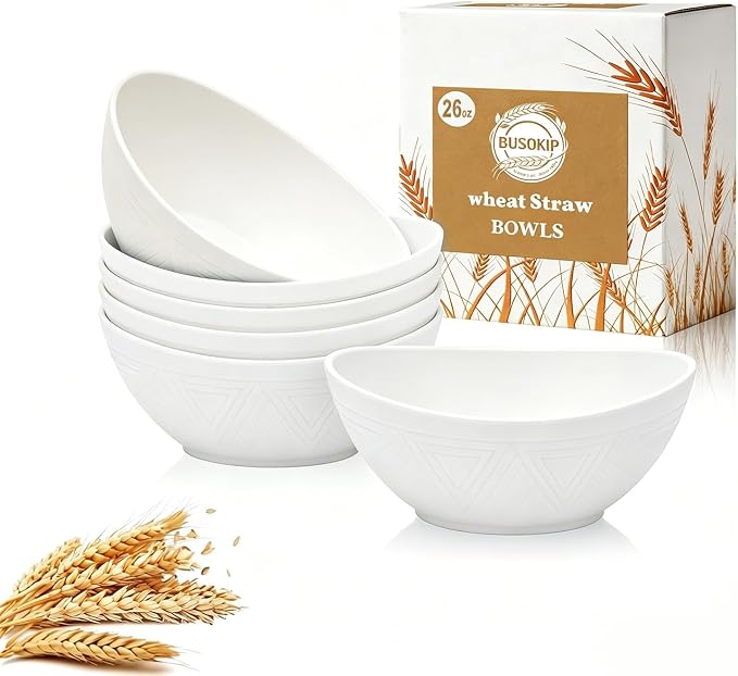 Soup Bowls Sets of 6, Unbreakable Wheat Straw Bowls 26oz, Oval Kitchen Bowls by BUSOKIP